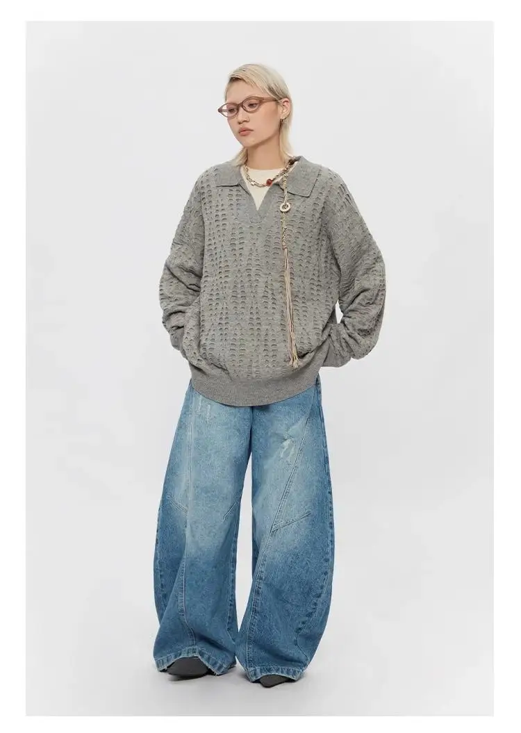 Men's Wear Curved  Jeans American Lightning Crack Hole Worn-out Jeans Distressed Vintage Men Trousers Trend