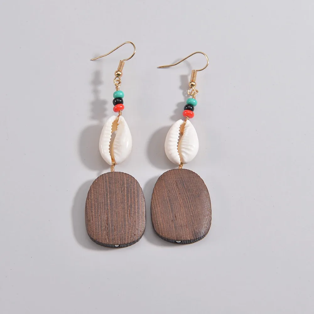 Boho Ethnic Gold Color Hook Multi Color Beads Natural Cowrie Shell Dark Wooden Plaque Dangle Earrings for Women Beach Jewelry