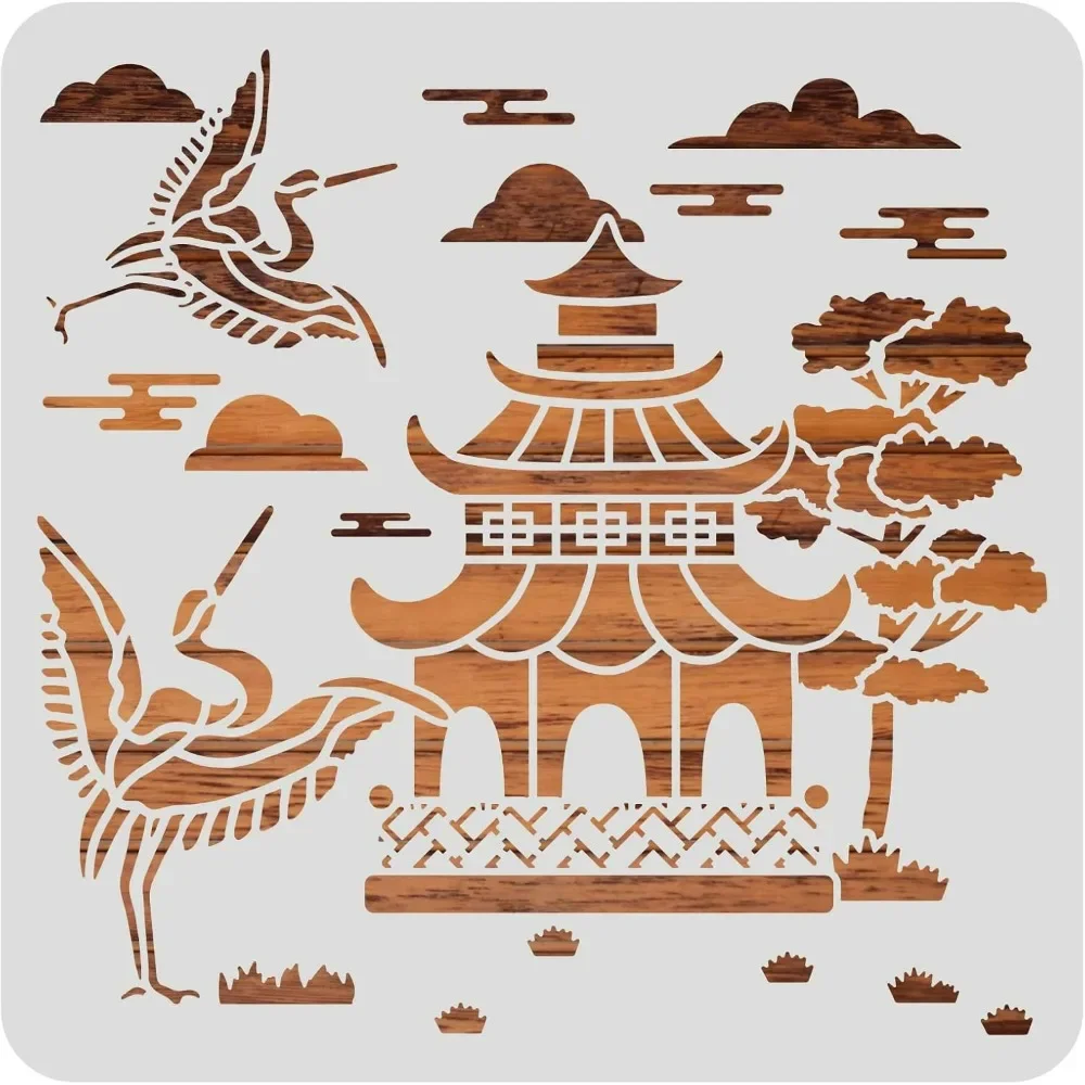 12x12inch Oriental Theme Plastic Painting Templates, Pagoda Crane Pattern Drawing Stencils for Scrapbook Decoration DIY Crafts