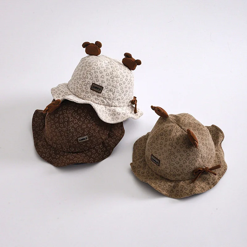 

Cute Bear Ear Baby Bucket Hat Cartoon Print Ruffle Toddler Fisherman Hats Summer Soft Cotton Kids Boys and Girls Sun Cap