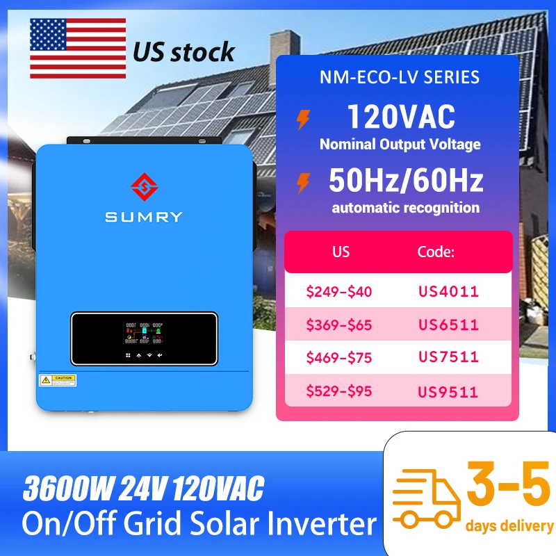 Sumry on/off Grid Solar Inverter 3600w Hybrid Pure Sine Wave Inverter للمنزل 120 فولت 120A MPPT شحن بالطاقة الشمسية مخرج مزدوج 50/60 هرتز