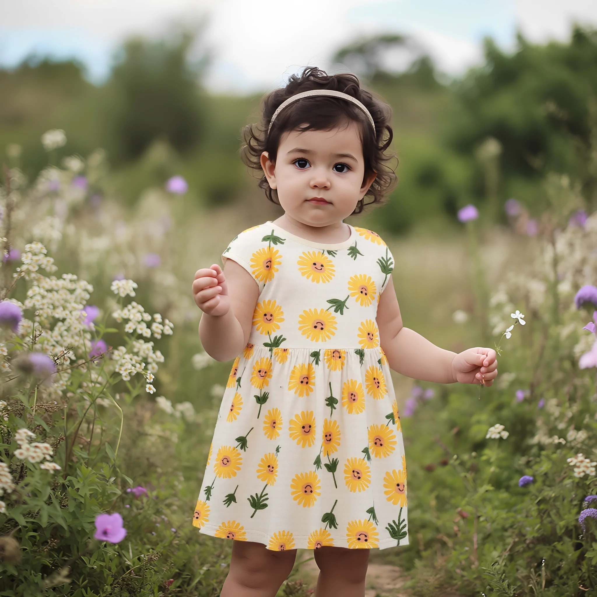 Sanlutoz Summer Little Girls Dresses Cute Sunflower Printing  Casual Children Clothing