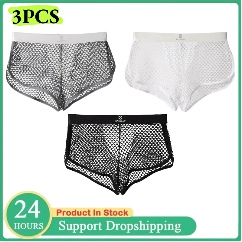 

Summer Men's Underwear Stretchy Fishnet Mesh Hollow Out Boxer Briefs Sexy Breathable Comfortable Antibacterial Crotch Panties