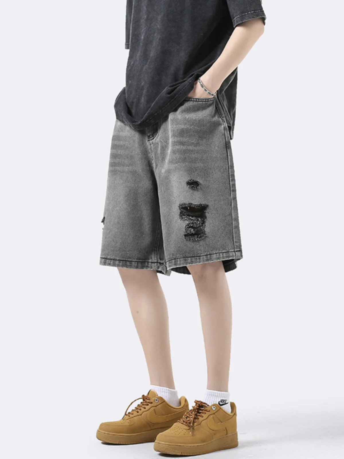 

Модные мужские рваные джинсовые шорты лето 2024, свободные прямые брюки в стиле High Street, повседневные брюки-бермуды с высокой талией на молнии