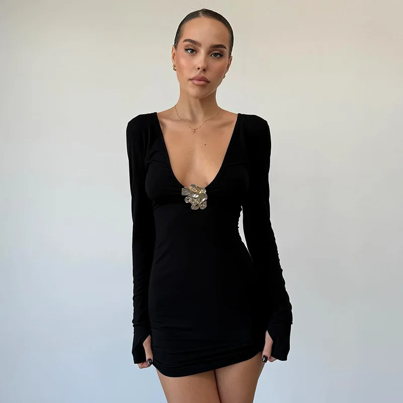 Black Women Prom Dress Sexy V Neck Full Sleeves Golden Flower Short Mini Skirt Party Gown Autumn Fall Casual Birthday Robe