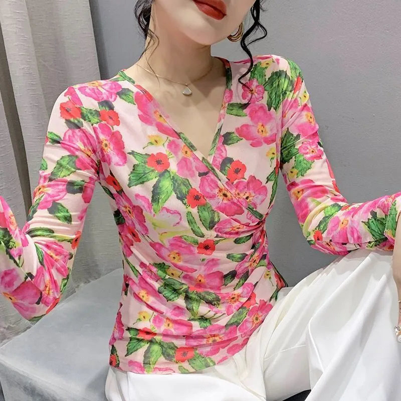 Spring Autumn Vintage Fashion Sexy Cross V-Neck Floral Print Ladies Tops Women\'s Casual Long Sleeve Slim Basic T-shirts Clothing