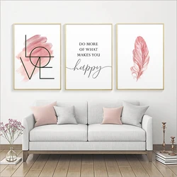 Blush Pink Feather Canvas Painting Inspirational Quote Posters and Prints Love Sign Wall Art Picture for Girls Room Home Decor