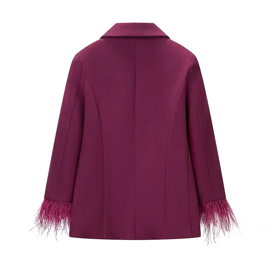 Women Burgundy Notched Lapel Blazer Suit Jacket Feather Tassel Cuff Long Sleeve Elegant Fashion Party Casual Outer Coat 260602