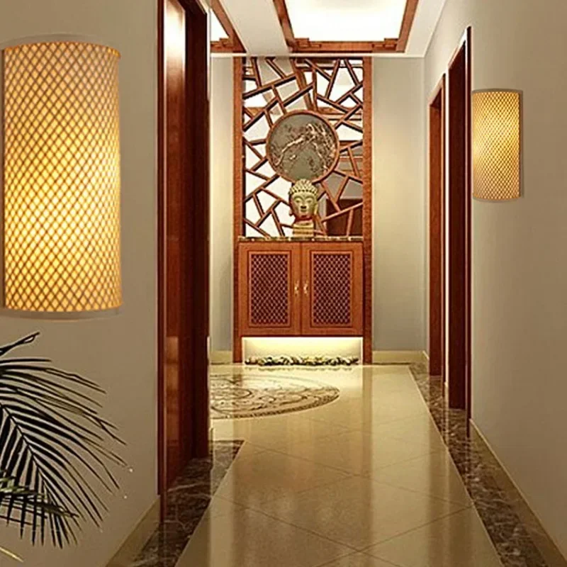 Imagem -04 - Led Vintage Bambu Arandela Lâmpada Corda de Cânhamo Quarto Luzes Cabeceira Sala Jantar Sala Estar Corredor Japonês Rattan Lâmpada Parede