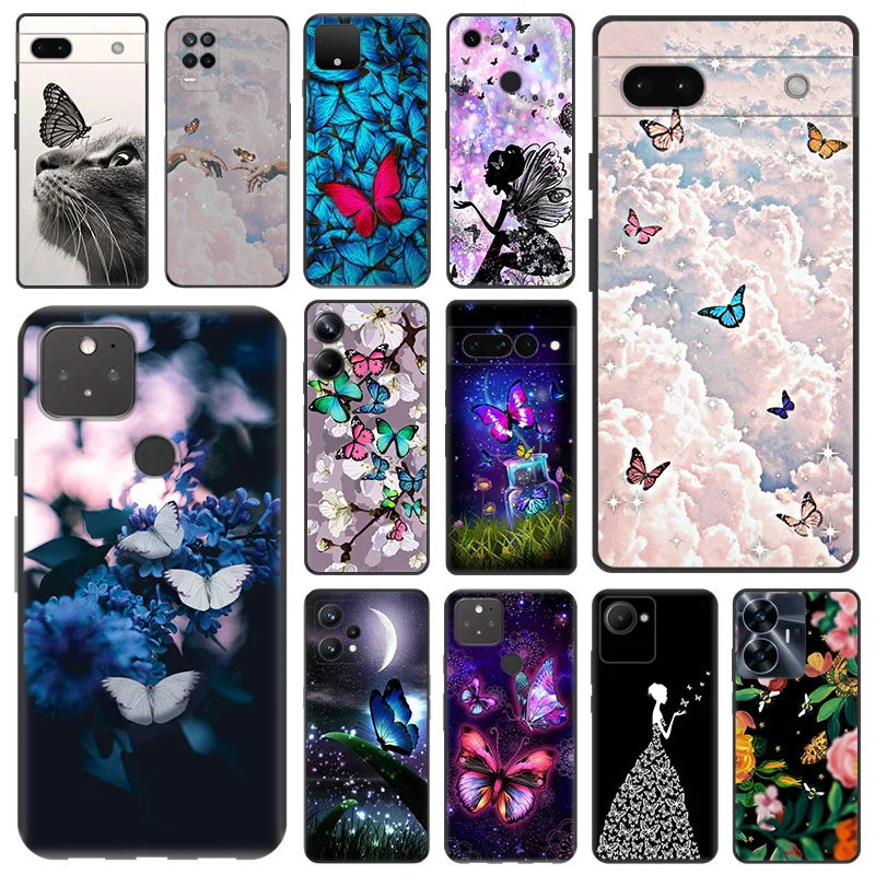 Siyah mat telefon kılıfı için Motorola Moto kenar 30 40 20 Pro G200 tek Fusion renkli kelebek kız piksel 8a 7a 6a 7 8 yumuşak kapak