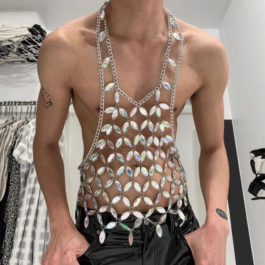 Sports-Style Halter Neck Backless Vest For Men Sexy Openwork Mesh See-Through Beach Top Breathable And Cool Strap Top For Men