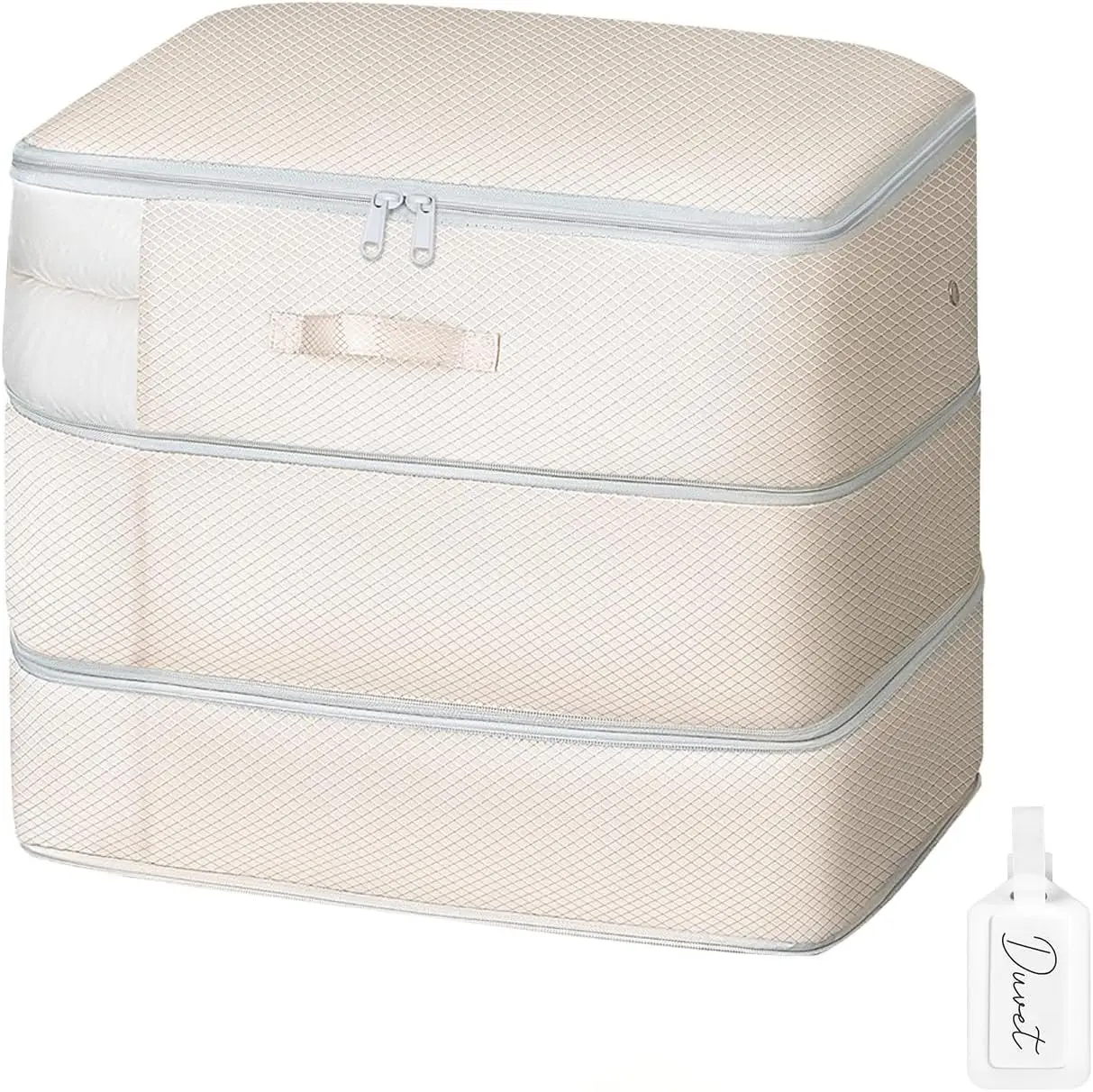 

3-Layer Compression Storage Bag for Comforters, Blankets, and Pillows, Space Saving Washable Organizer with Handles, Beige