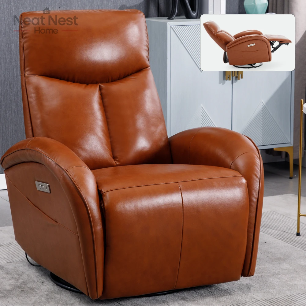

Genuine Leather Swivel and Rocker Power Recliner Chair,Lumbar Support chair, Heavy Duty Motion Mechanism with USB and Type-C