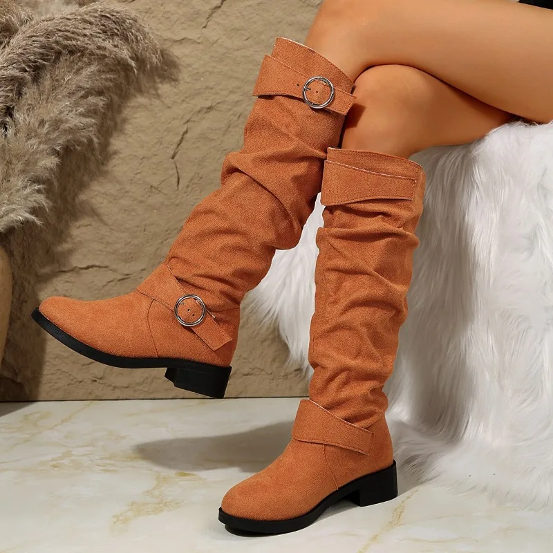 Autumn New Coarse Heel Single Boots Women's Round Head Suede Sleeve Metal Belt Buckle Anti-slip Wear-resistant Boots