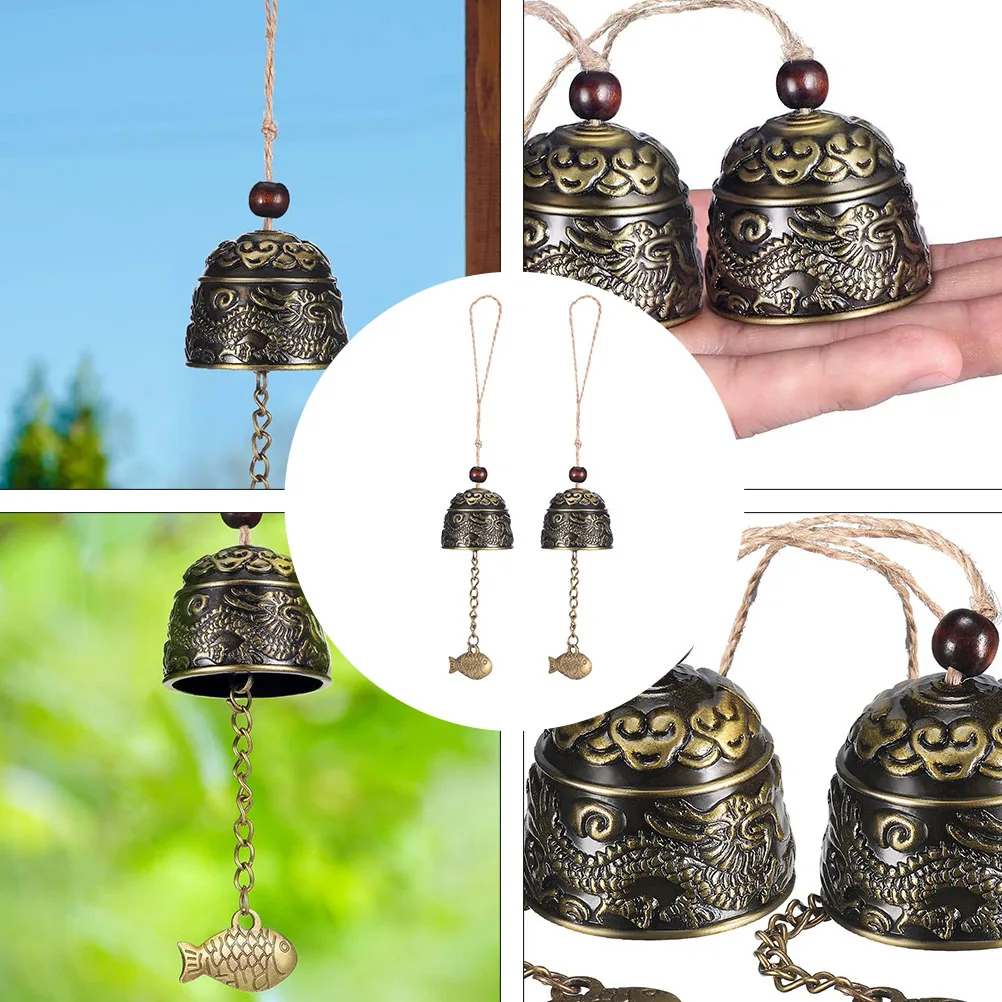 

2 Pcs Metal Wind Chime Ornament Chinese Style Pendant Brass Bell Hanging Car Decor Dragon Fish Cloud Pattern