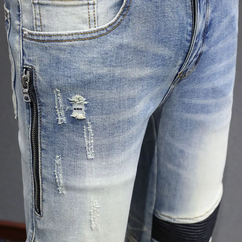 Y2K Designer Fashion New Men's Jeans Zipper Decoration Water Washed Nostalgic Stretch Slim Fit Retro Light Blue Jeans High Stree