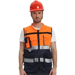 Men High Visibility Safety Vest Work 3M Tapes Reflective Vest Large Size M-4XL Multi Pockets Multifunctional Work Clothes