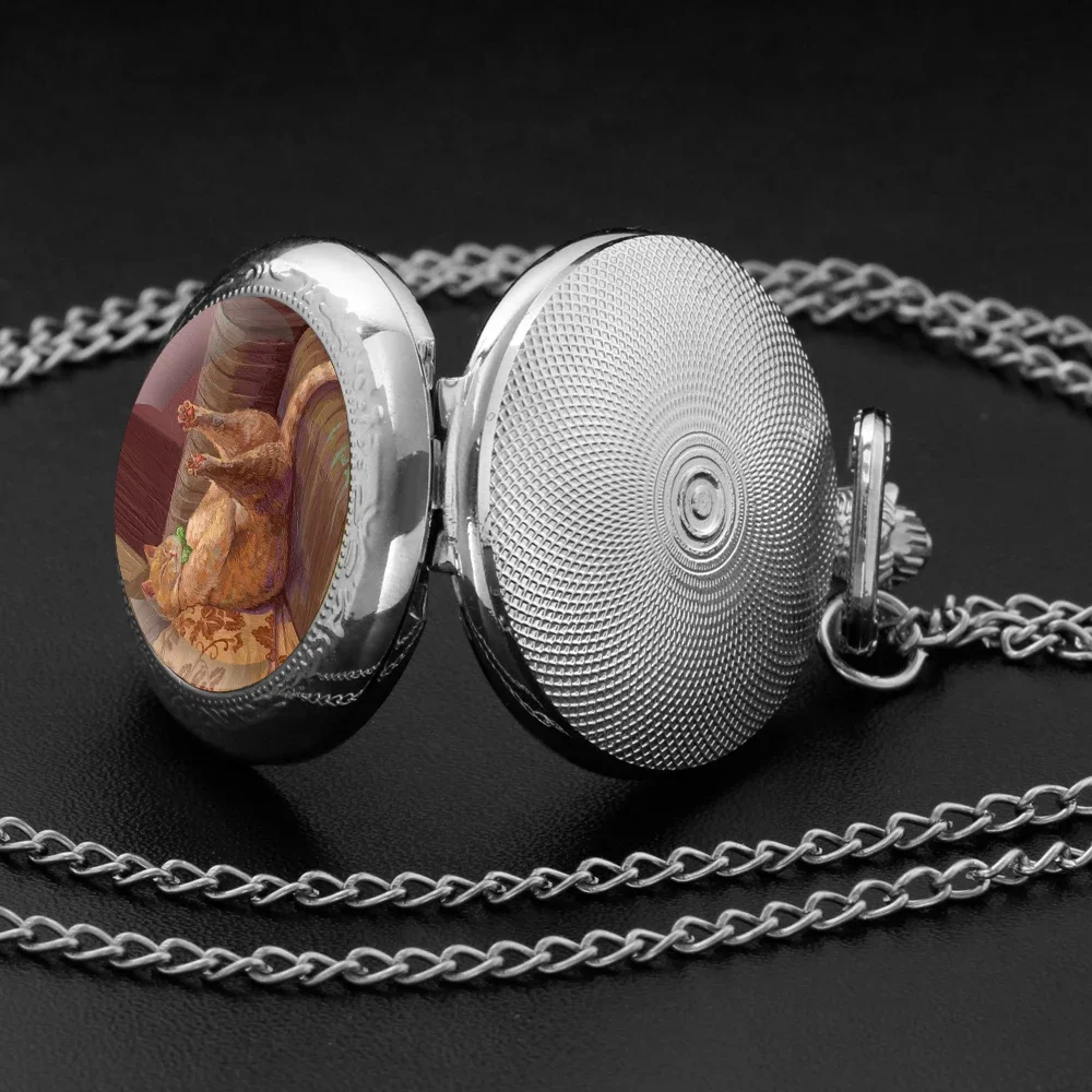 Lazy Cat Fun Pattern Pocket Watch - Glass Dome Quartz, Durable Chain for Easter Gift