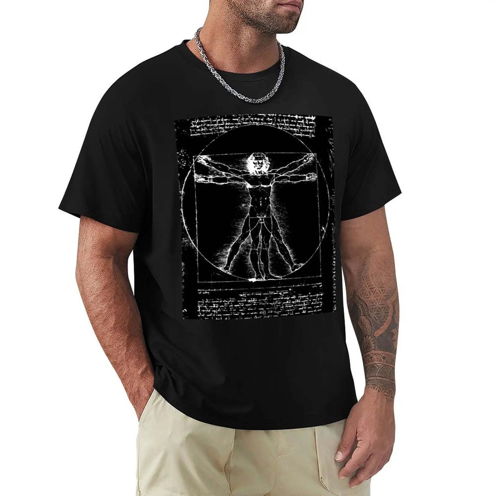 

VITRUVIAN MAN Leonardo Da Vinci Handwriting Black White Drawing T-Shirt Urban Style Print T-Shirt