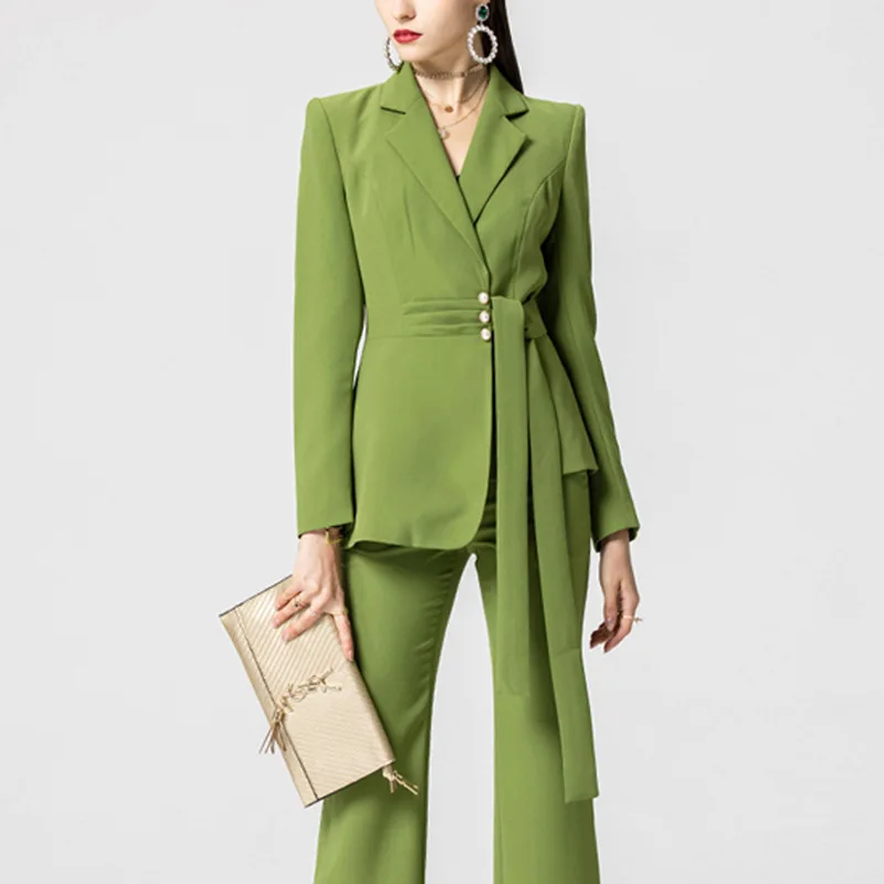 Traje de oficina para mujer, conjunto de chaqueta Formal + Pantalones o falda, vestido de graduación, abrigo de fiesta con dobladillo Irregular, color verde, 2 piezas, en Stock