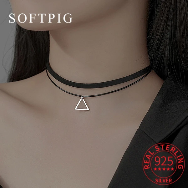 SOFTPIG Real 925 Sterling Silver Neck Strap Black Leather Rope Choker Necklace for Women OL Fine Jewelry Geometric Accessories