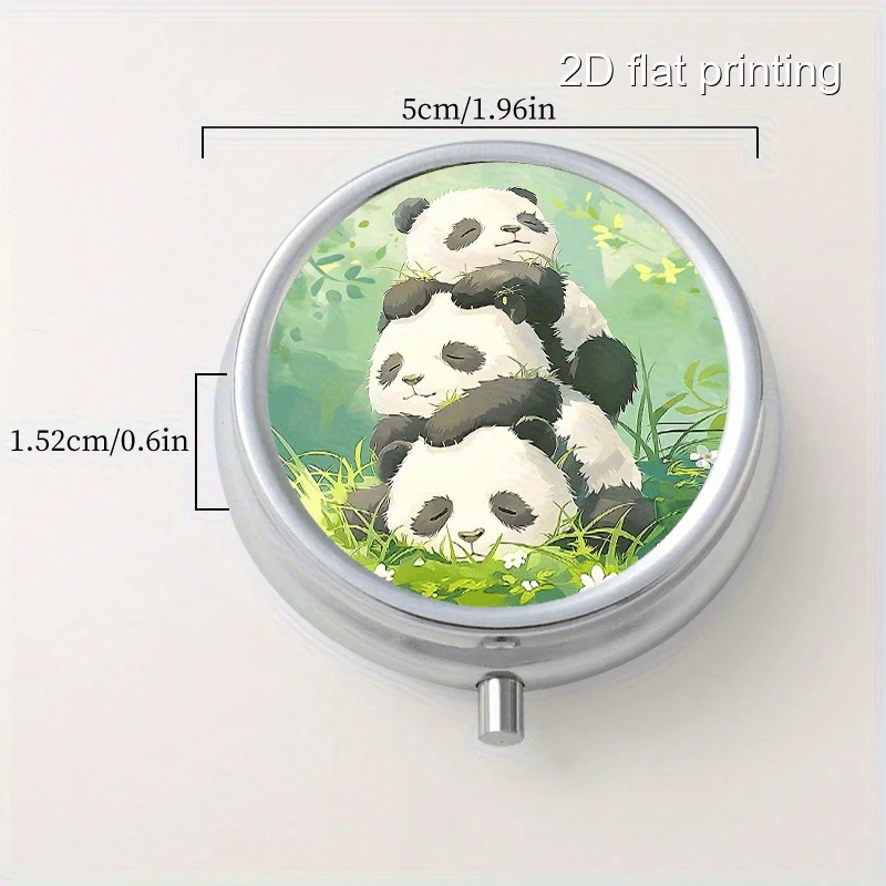 Three Panda Creative Printed Pattern Round Metal Box with 3 Compartments, Portable Mini Metal Box, Nutritional Vitamin Metal Box, Portable Metal Box for Home and Travel, Multifunctional Organizer Box for Decorations, Earrings, Jewelry, Multi-Compartment Storage Small Metal Box, Sealed and Moisture-Proof, Unique Holiday Gift for Family and Friends
