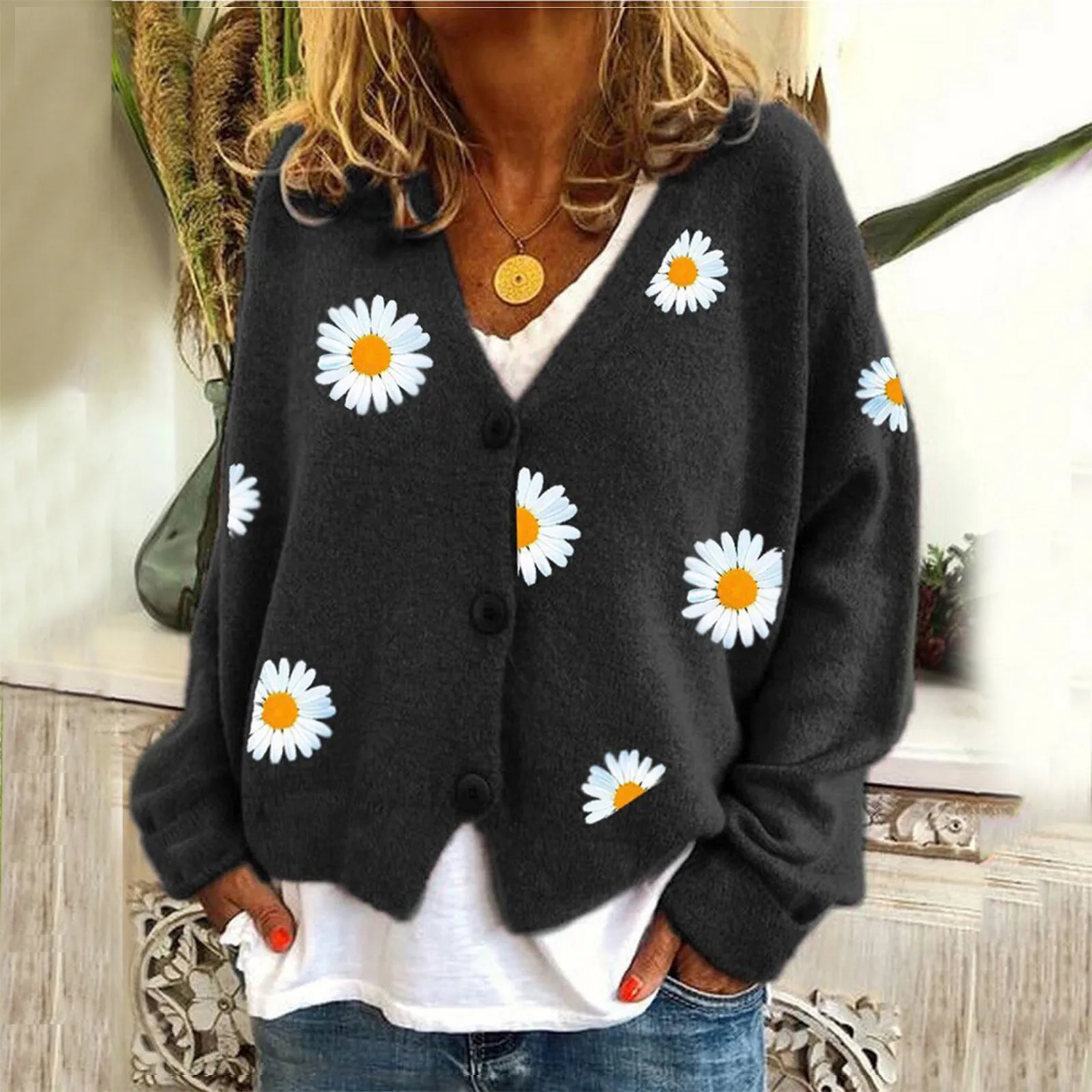 Women Cardigan Daisy Flowers Embroidery Knitted Sweater Autumn Long Sleeve Knitwear Black Gray Orange Green Yellow Cardigan