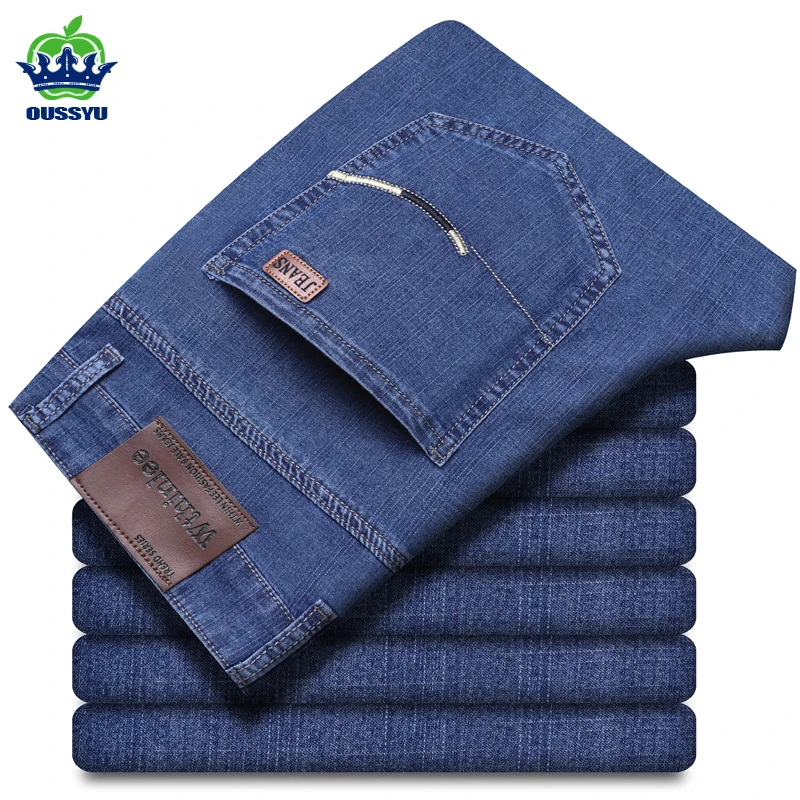 

Blue Cotton Men's Jeans Slim Straight Denim Trousers Business Casual Stretch Daily Wear Pants Men Plus Size Four Seasons