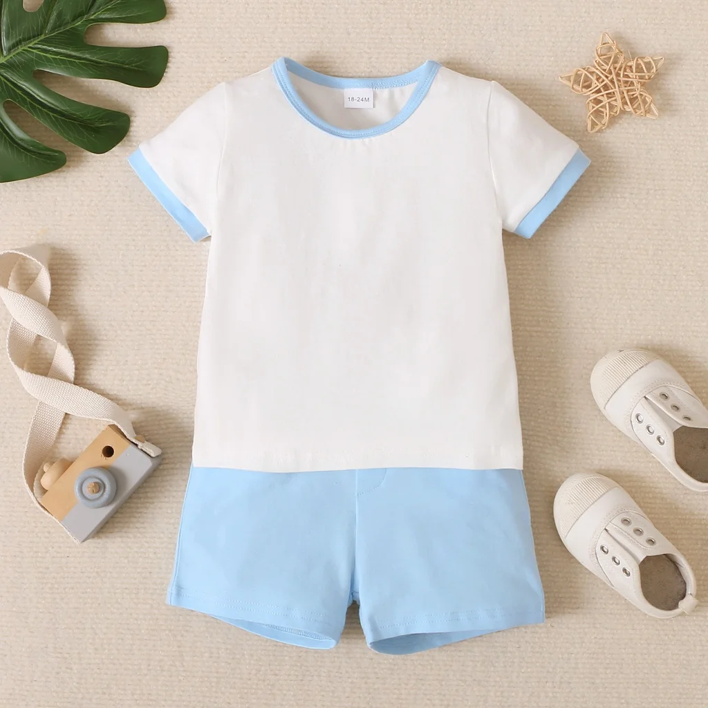 2PCS Children Boy Costume Suit Solid Color Short Sleeves Top+Blue Shorts Summer Fashion Sports Set for Kid Boy 1-6 Years