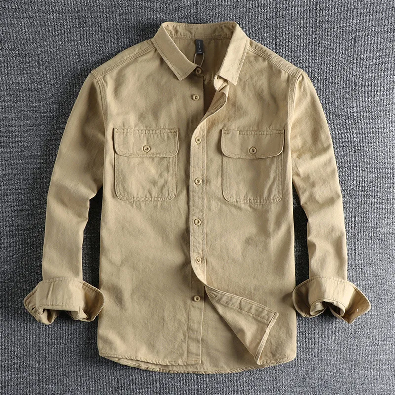 Vintage Retro Men Cargo Shirt Jacket Canvas Cotton Khaki Military Uniform Light Casual Work Safari Style Shirts Mens Tops Shirt