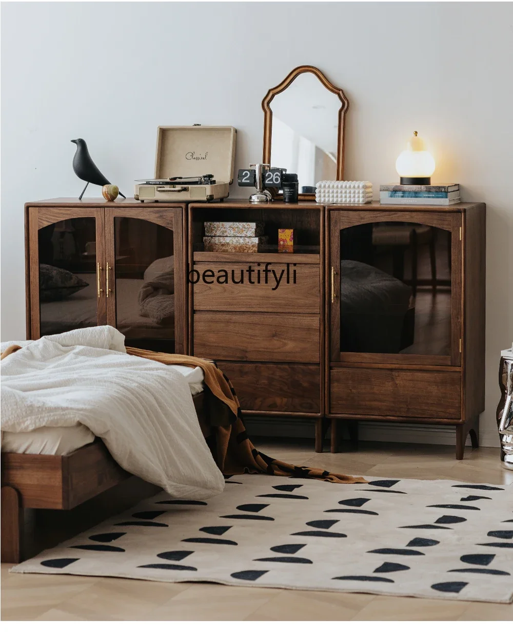 A4567 Vintage Black Walnut Solid Wood Chest of Drawers Living Room Storage Cabinet Bedroom Home Use Three-Drawer Chest TV Side C