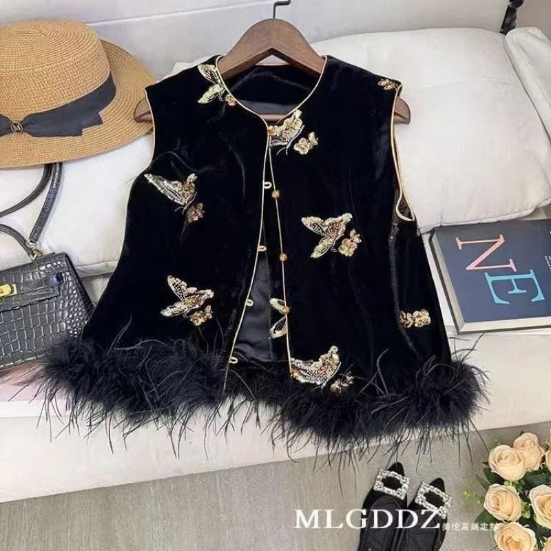 New Vintage Black Velvet Women's Vest Autumn Butterfly Floral Sequins Beaded Waistcoat Top Sleeveless Cardigan Jacket Trendy