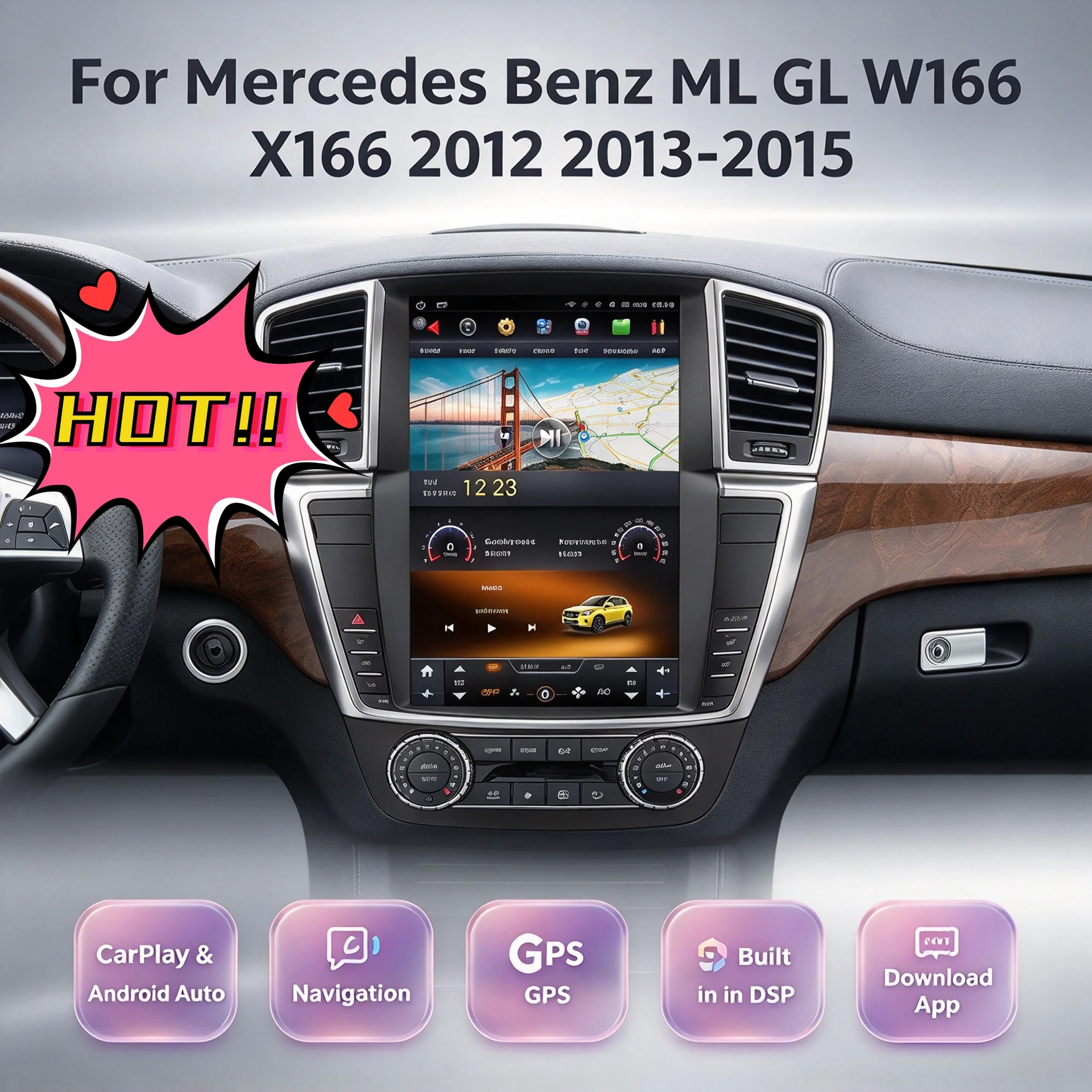 Android 14 Car Multimedia Player For Mercedes Benz ML GL W166 X166 2012-2015 Wireless Carplay Auto Radio Head UnitGPS Navigation