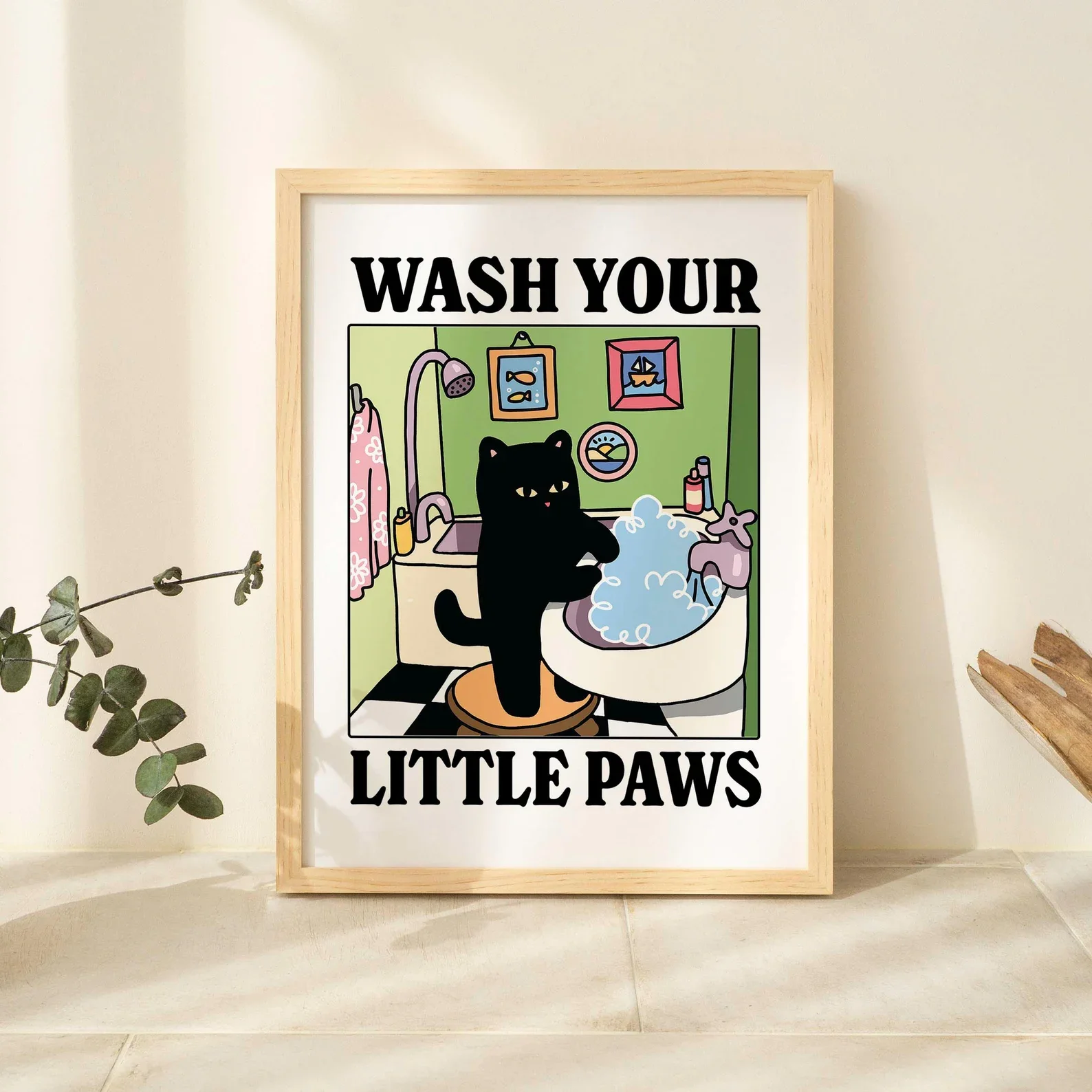 Wash your Paws Green Cat Print Cute Bathroom Poster Wash Room Childrens Washing up Posters Kawaii Prints Decor Unique Cats Ar