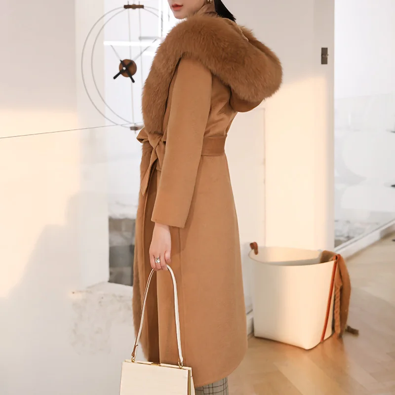 2024 Women's Luxury Winter Wool Coat Real Rex Rabbit Fur Lining Thick Warm Fox Fur Trim Trench Coat