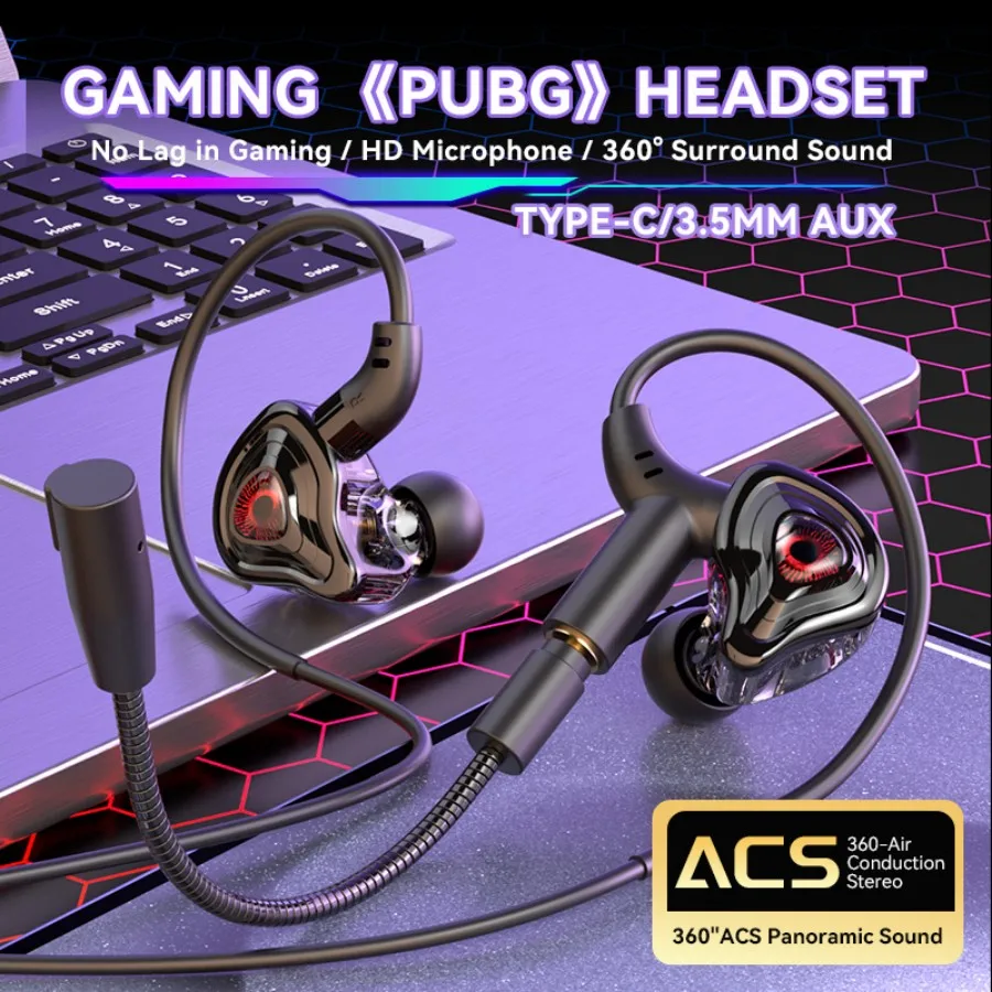 Esports Gaming Headset 360° Surround Sound Hifi Stereo Wired Earphones 3.5mm/Type-C/USB In-Ear Dual Micrphone PUBG Gaming Earbud