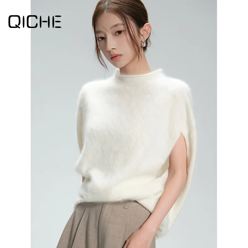 QICHE 2026 Women Autumn Winter Cashmere Mulberry Silk Wool Brushed Vest Loose Sleeveless Outer Waistcoat Simple Elegant