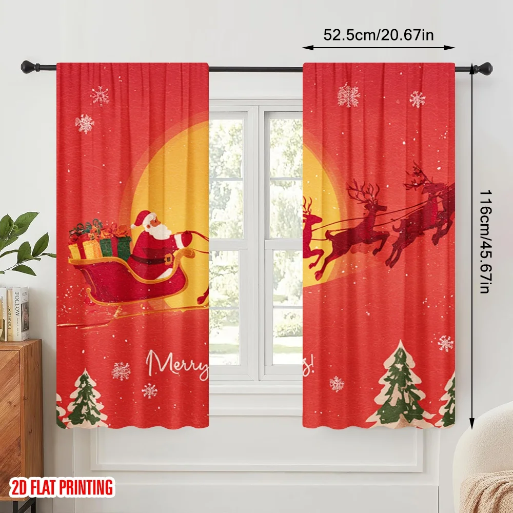 2pcs,2D plane printing Curtains Digital Printed Vibrant Santa Claus with Deer Versatile Polyester (without rod) Art Deco Festive