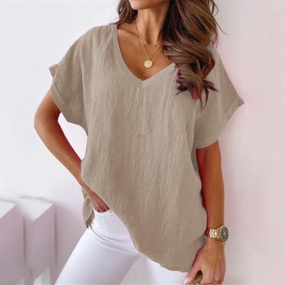 S-5XL Size Cotton T Shirt Khaki Short Sleeve Tops Summer Solid Color Loose V-Neck Shirts White Simple T-shirt Top for women new