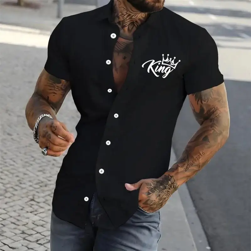 

Summer 3D Letter King Printed Men's Shirt Casual Fashion Lapel Buckle Short Sleeve Tees Outdoor Daily Trendy Men Clothing