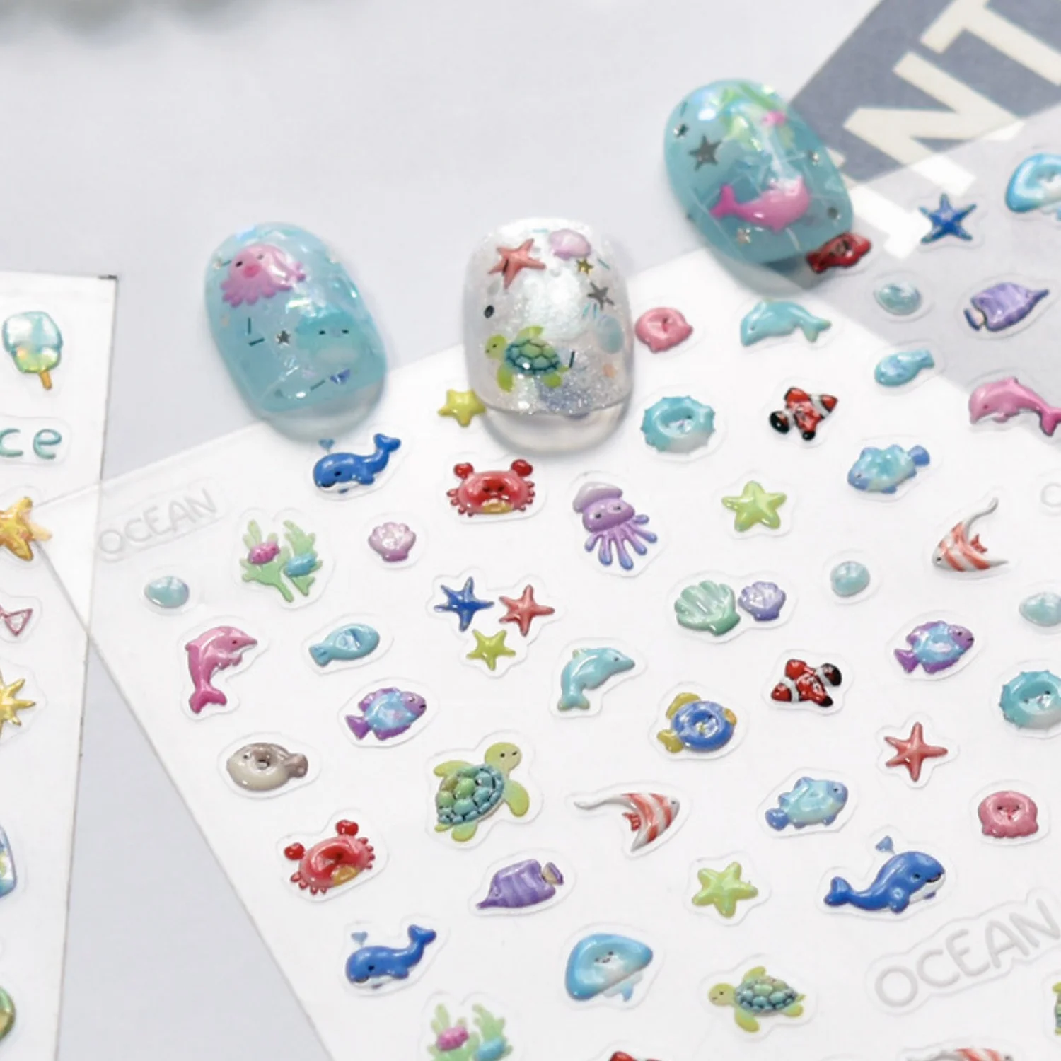 5D Sea Life Nail Stickers Summer Ocean Wind Dolphin Octopus Crab Turtle Tropical Seashell Pattern Nail Decals Holiday Nail DIY