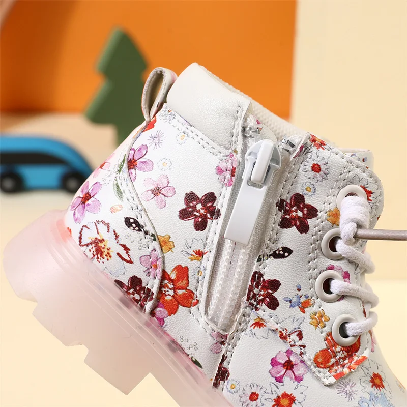 2024 New Autumn Baby Boots For Girls Leather Flower Ankle Boots Rubber Sole Zip Side Fashion Toddler Kids Boots 15-25