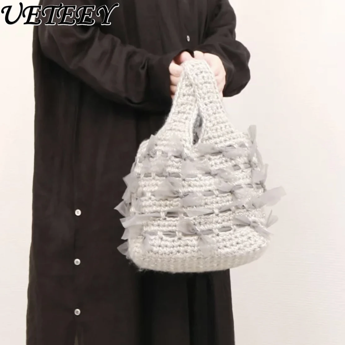 

Japanese Japanese Yarn Crocheted Lace Butterfly Design Handbag Bags Women's Tote Bag Fashion Hairy Knitted Bag Storage Bag