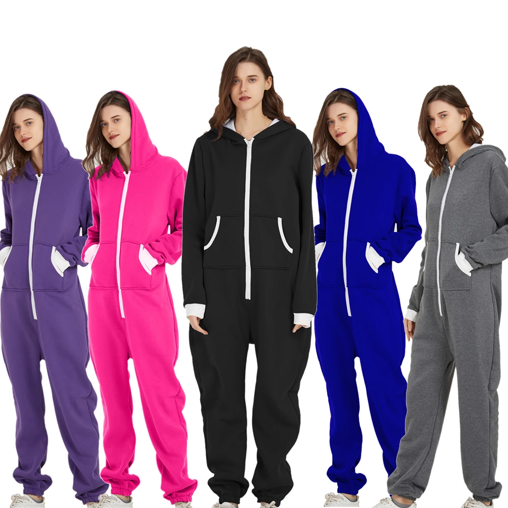 Unisex Sleepwear Jumsuits Hooded Pockets  Zipper Onesies One Piece Solid Pajamas Homewear Long Sleeve Nightwear  Casual Pyjamas