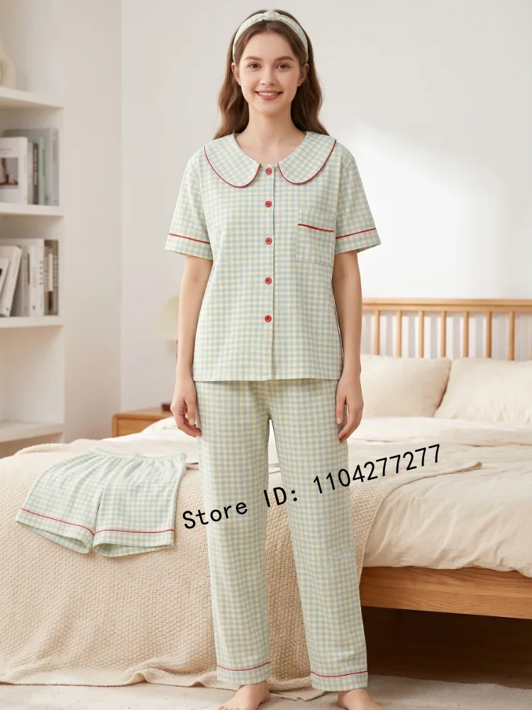 Women 3-Piece Plaid Pajama Set Peter Pan Collar Short Sleeve Button Down Loungewear with Pants and Shorts Casual Home Sleepwear
