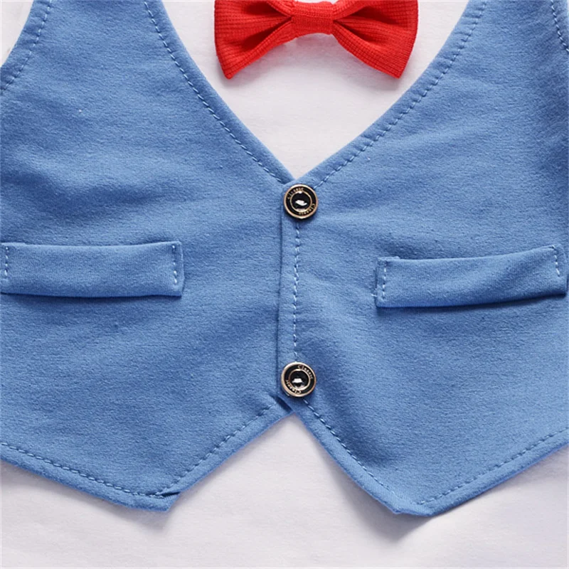 2PCS Baby Set Summer Children\'s Bowtie Gentleman Denim Vest Faux Two-piece Short Sleeve Shorts Set