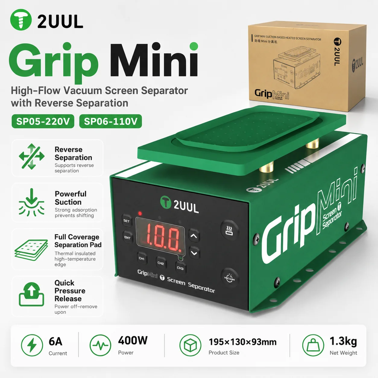 2UUL SP05/SP06 Grip Mini Suction-Based Heated Screen Separator 400W for Cell Phone Repair Vacuum Reverse Screen Separation Tool