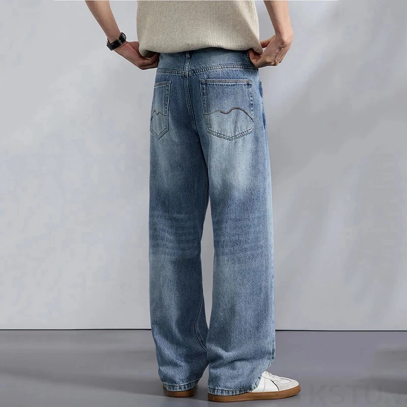 

2026 Spring New Streetwear Loose Jeans Men Korean Style Blue Fashion Loose Straight Wide Leg Pants Men's Brand Clothing