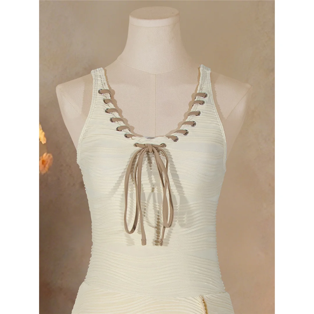 2026 Geknitterter, geknoteter V-Ausschnitt Einteiliger Badeanzug Damen Bademode Monokini mit Polsterung Badeanzug Schwimmanzug V7814 – Detail 6