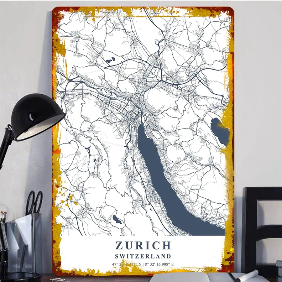 Zurich Switzerland City Map Metal Wall Art Modern Home Decor Minimalist Geographic Print for Office Living Room